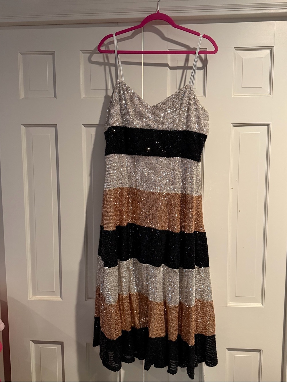 Sequin Striped Spaghetti Strap Midi Dress in Black, Gold, and Silver